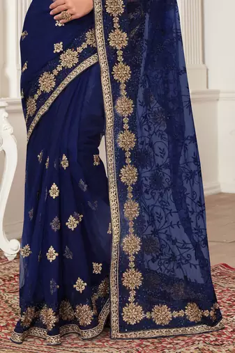 Navy Blue Zari Embroidered Stone Border Net Saree With Matching Blouse Piece