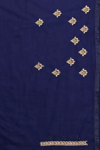 Navy Blue Zari Embroidered Stone Border Net Saree With Matching Blouse Piece