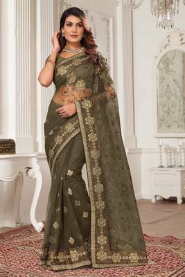 Mehandi Green Zari Embroidered Stone Border Net Saree With Matching Blouse Piece 1