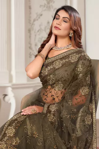 Mehandi Green Zari Embroidered Stone Border Net Saree With Matching Blouse Piece