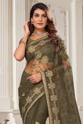 Mehandi Green Zari Embroidered Stone Border Net Saree With Matching Blouse Piece 3