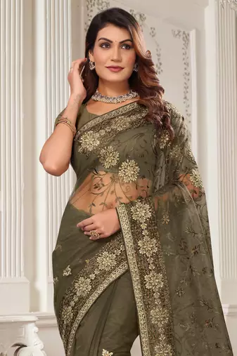 Mehandi Green Zari Embroidered Stone Border Net Saree With Matching Blouse Piece