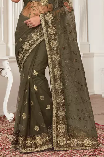 Mehandi Green Zari Embroidered Stone Border Net Saree With Matching Blouse Piece