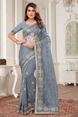 Grey Zari Embroidered Stone Border Net Saree With Matching Blouse Piece 1