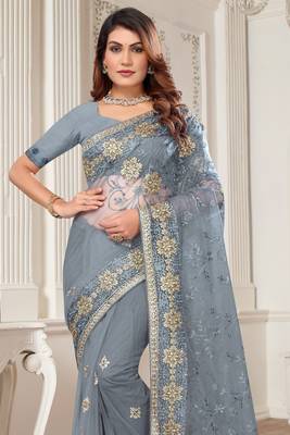 Grey Zari Embroidered Stone Border Net Saree With Matching Blouse Piece 3