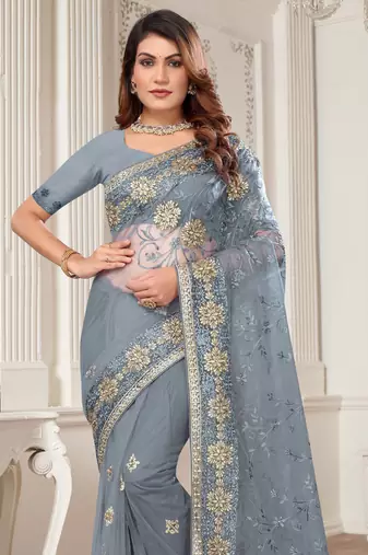 Grey Zari Embroidered Stone Border Net Saree With Matching Blouse Piece