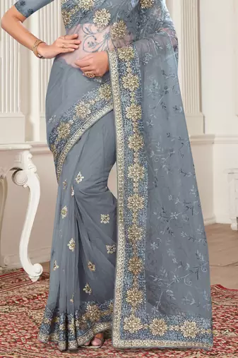 Grey Zari Embroidered Stone Border Net Saree With Matching Blouse Piece