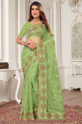 Green Zari Embroidered Stone Border Net Saree With Matching Blouse Piece