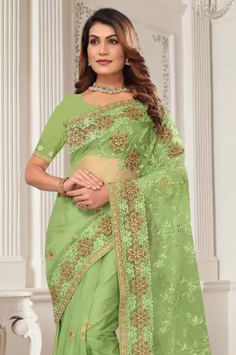Green Zari Embroidered Stone Border Net Saree With Matching Blouse Piece