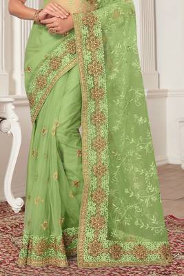 Green Zari Embroidered Stone Border Net Saree With Matching Blouse Piece 4