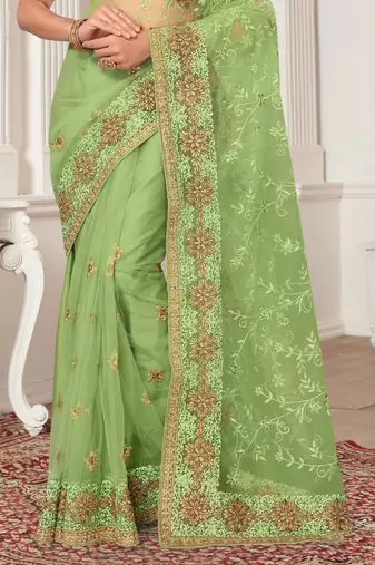 Green Zari Embroidered Stone Border Net Saree With Matching Blouse Piece