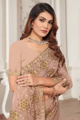 Beige Zari Embroidered Stone Border Net Saree With Matching Blouse Piece