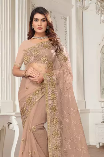 Beige Zari Embroidered Stone Border Net Saree With Matching Blouse Piece
