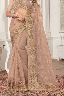 Beige Zari Embroidered Stone Border Net Saree With Matching Blouse Piece 4