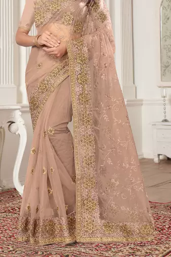 Beige Zari Embroidered Stone Border Net Saree With Matching Blouse Piece