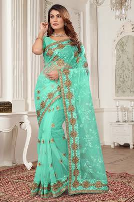 Sky Blue Zari Embroidered Stone Border Net Saree With Matching Blouse Piece 1