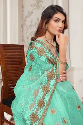 Sky Blue Zari Embroidered Stone Border Net Saree With Matching Blouse Piece 2