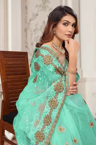 Sky Blue Zari Embroidered Stone Border Net Saree With Matching Blouse Piece
