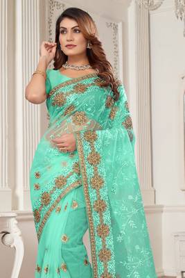 Sky Blue Zari Embroidered Stone Border Net Saree With Matching Blouse Piece 3