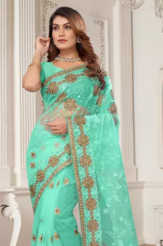 Sky Blue Zari Embroidered Stone Border Net Saree With Matching Blouse Piece