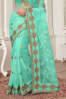 Sky Blue Zari Embroidered Stone Border Net Saree With Matching Blouse Piece 4