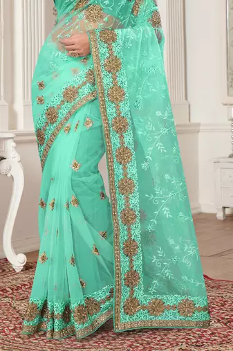 Sky Blue Zari Embroidered Stone Border Net Saree With Matching Blouse Piece