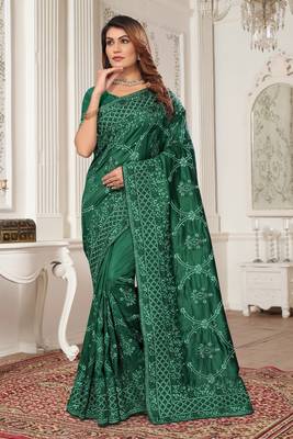Bottle Green Zari Resham Embroidered Border Silk Saree With Matching Blouse Piece 1