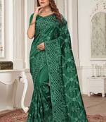 Bottle Green Zari Resham Embroidered Border Silk Saree With Matching Blouse Piece