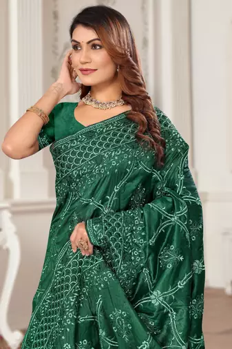 Bottle Green Zari Resham Embroidered Border Silk Saree With Matching Blouse Piece