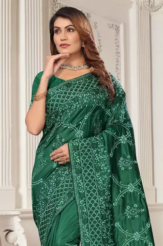 Bottle Green Zari Resham Embroidered Border Silk Saree With Matching Blouse Piece