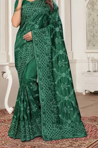 Bottle Green Zari Resham Embroidered Border Silk Saree With Matching Blouse Piece