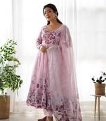 Pink printed readymade Anarkali Suit