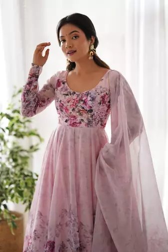Pink printed readymade Anarkali Suit
