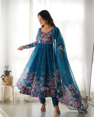 Blue Organza Floral Printed Anarkali Set 2