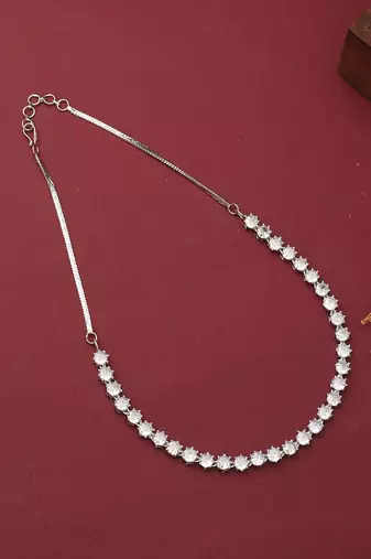 Silver American Diamond Necklace Set With Earrings