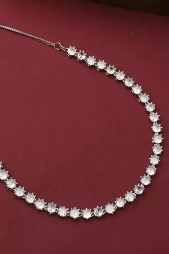 Silver American Diamond Necklace Set With Earrings
