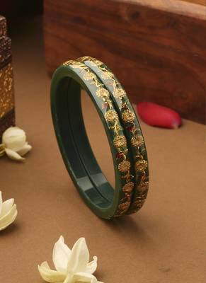 Set of 2 Floral Bangles With Golden Leaves 1