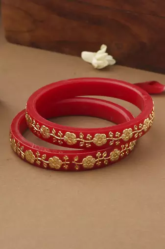 Set of 2 Red Gold Alloy Kundan Bangles