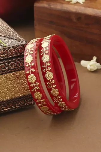 Set of 2 Red Gold Alloy Kundan Bangles