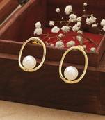 Gold Oval Earrings With Pearl Drop