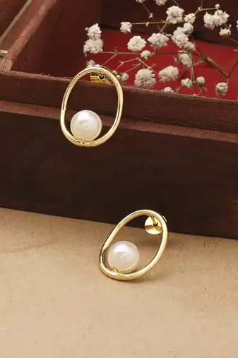 Gold Oval Earrings With Pearl Drop