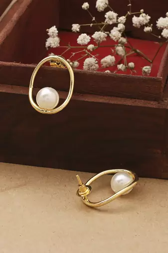 Gold Oval Earrings With Pearl Drop