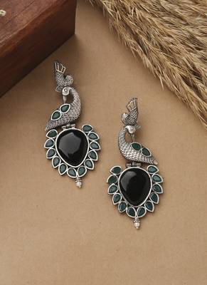 Peacock Carved Earrings With Black Stone 1