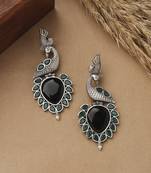 Peacock Carved Earrings With Black Stone