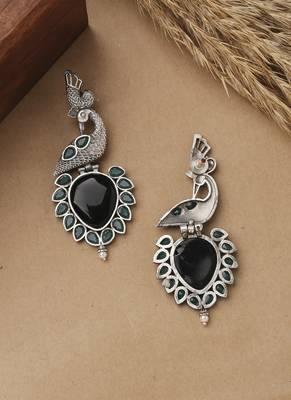 Peacock Carved Earrings With Black Stone 2