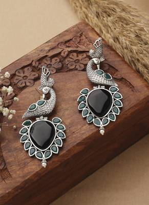 Peacock Carved Earrings With Black Stone 3