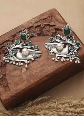 Bird Carved Earrings With Green Stone 1