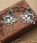 Bird Carved Earrings With Green Stone