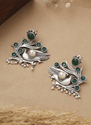 Bird Carved Earrings With Green Stone 3