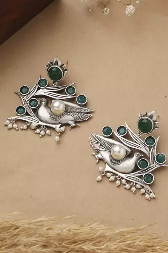Bird Carved Earrings With Green Stone